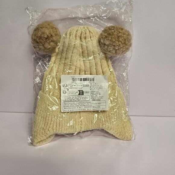 Winter Bear Baby or Toddler Beanie with Ear Flaps & Pom Pom Bear Ears, Beige - Picture 2 of 2